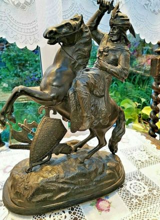 Large Antique 19th C.  Spelter Medieval Knight Sculpture Warrior On Horse Statue