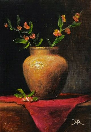 Aceo Atc Oil Painting Blossoms Antique Brass Copper Vase Rug Still Life