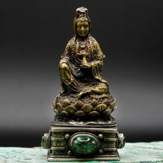 Antique Chinese Brass Buddha On Lotus Flower,  Silver Base,  Green Natural Stones