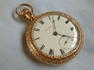 Fine Large Antique Elgin Gold Open Face Pocket Watch 1896 Fully Seviced.