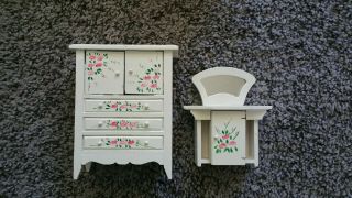 Darling Antique Hand Painted Wood Armoire Chest And Vanity Dollhouse Furniture