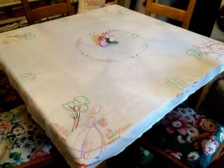 VINTAGE LINEN Large HAND EMBROIDERED TABLECLOTH PRETTY CRINOLINE LADIES 3