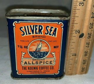 Antique Silver Sea Allspice Spice Tin Litho Can Koenig Coffee Co Cincinnati Ohio
