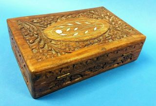 Vintage Carved Hand - Crafted Wood Stationary Jewellery Trinket Box