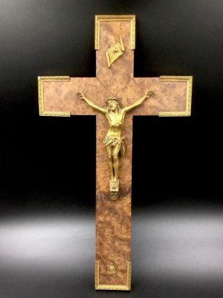Bur Walnut Antique French Crucifix,  Spelter Brass Madonna Christ Star
