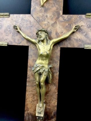 BUR WALNUT ANTIQUE FRENCH CRUCIFIX,  Spelter brass Madonna Christ Star 2