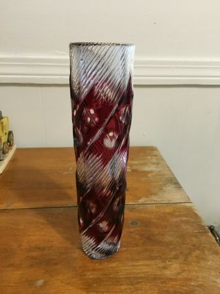 Baccarat Antique Vase Red Cut To Clear Cranberry Crstal Swirl Wave 11.  25 "