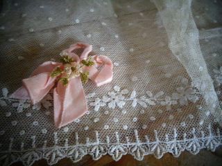 Charming Antique Pink Silk Ribbon Bow With Tiny French Silk Flower & Lace
