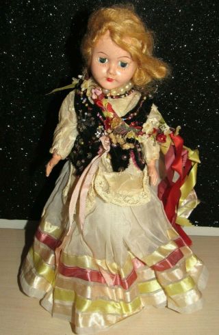 Vintage 1950s Hard Plastic Doll With Sleep Eyes Wearing Gorgeous Dress 10.  5 "
