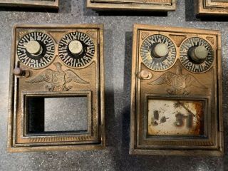 5 ANTIQUE BRASS U.  S.  POST OFFICE MAILBOX CABINET FRONT DOORS EAGLE US 5