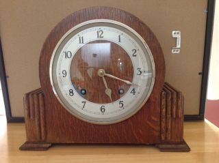 Garrard Oak Mantel Clock With Key,  Chimes, .  Vintage.