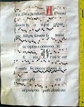 Lg.  Mediecal Music Manuscript,  Antiphonary Lf,  on Vellum,  lg.  handptd.  Initial,  c.  1500 3