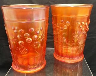 2 Antique Northwood Carnival Glass Raspberry Tumblers In Marigold - Basket Weave