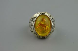 Collectable China Old Miao Silver Inlay Amber Carve Ancient Royal Family Ring