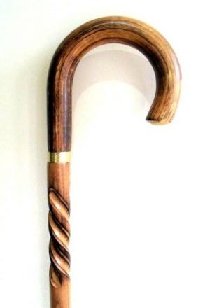 Spiral Burnt Carved Wood Walking Stick Crook Handle Brass Collar Wood Cane 37 "
