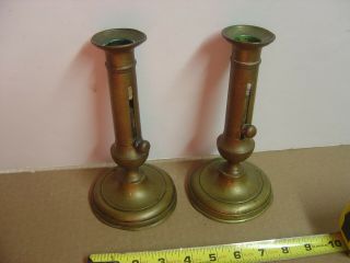 Pair Antique Brass Push - Up Candlestick Holders,  4 " Base,  8 " High,