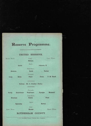 Antique Programme Sheffield United Reserves V Rotherham County 16 - 11 - 1907