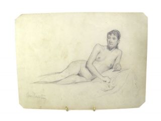 Antique Pencil Drawing Portrait Of Nude Lady By Charles Edmund Rowbotham
