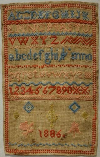 Small Late 19th Century Welsh Alphabet & Motif Sampler By E.  Reynish? - 1886