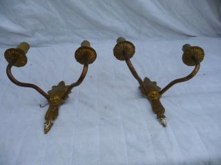 Vintage Pair French Small Brass Twin Lamp Wall Lights Ribbed Arms Brackets
