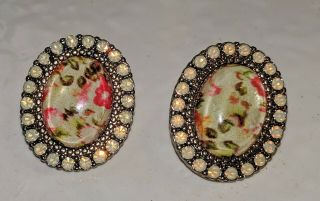 Gold Tone Antique Victorian Hand Painted Floral Oval Rose Quartz Stud Earrings