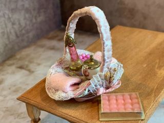 Miniature Dollhouse Artisan Real Wicker Gift Basket Filled Toiletries Soaps