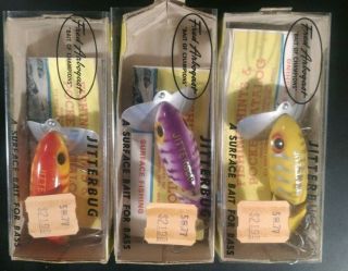 Three Vintage Fred Arbogast Jitterbug Fishing Lures Surface Bass Baits