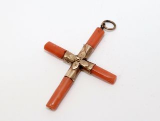 A Pretty Antique Victorian 9ct 375 Rose Gold And Coral Cross Pendant 13363