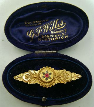 Antique C19th Victorian 9ct Gold Ruby & Diamond Set Bar Brooch.