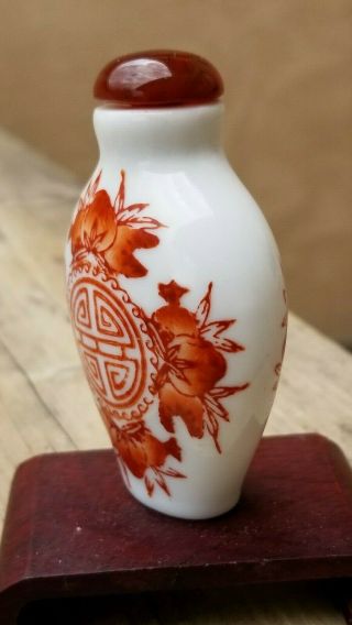 Antique Chinese Snuff Bottle Porcelain Iron Red and White,  Carnelian Stone Top 3
