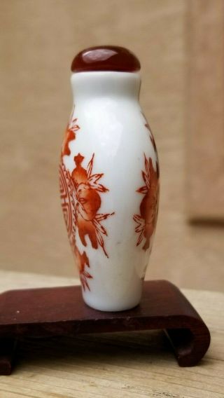 Antique Chinese Snuff Bottle Porcelain Iron Red and White,  Carnelian Stone Top 4