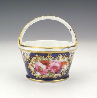 Antique English Porcelain - Flower Painted Cobalt Blue - Miniature Basket Vase
