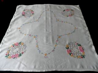 Very Pretty Vintage Tea Room Table Cloth Hand Embroidered - 32 " By 32 "