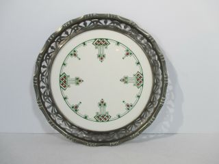 Art Deco Platter Max Dannhorn Antique Plate Ceramic Pierced Metal Rim Germany