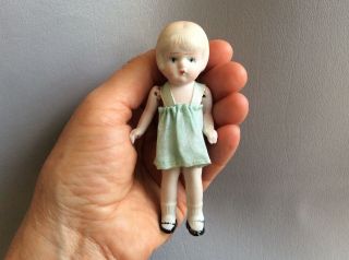 Antique All Bisque Miniature 4” Doll Tagged Dress Japan Wee Patsy Flapper Bob