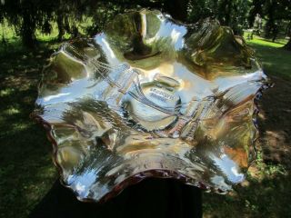 Dugan Brooklyn Bridge Antique Carnival Art Glass Ruffled Bowl Marigold Radium