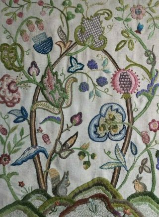 Vintage Hand Embroidered Jacobean Style Crewel Work Floral Large Panel Rabbit