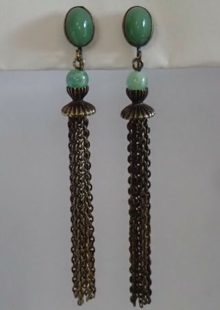 Antique Art Deco Green Czech Glass Brass Chain Tassel Earrings