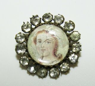 Fine,  Antique Georgian Miniature Portrait Painting Button With Old Cut Paste