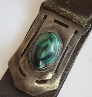Antique Arts & Crafts Sterling Silver Malachite Leather Watch Fob