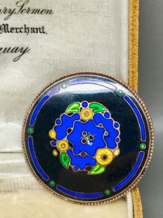Antique Art Deco Guilloche Enamel Blue Flower Brooch