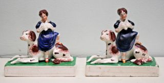 Two Rare Antique C19th Staffordshire,  Girl Seated With Irish Setter & Dove