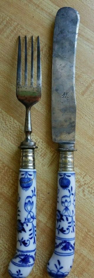 Antique German Pistol Grip Porcelain Onion Knife Fork Ja Henckels Steel Blade