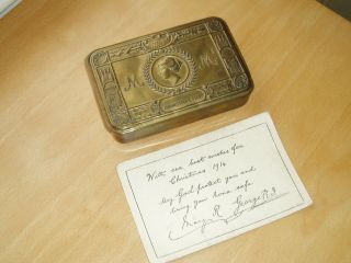 Antique 1914 Wwi Queen Mary Christmas Tin & 1914 Royal Christmas Card