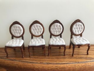 Vintage 4 White Plush Side Chairs Concord Doll House Furniture Miniatures.
