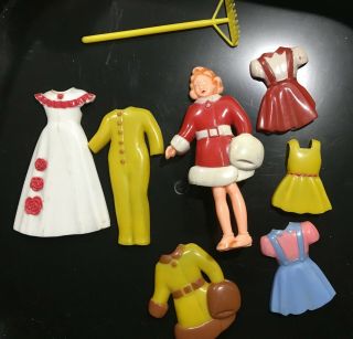 Selcol 1940’s Plastic Doll With Outfits (7) Clip - On Made In England