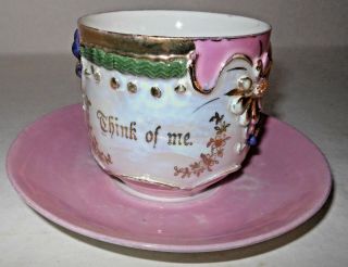 ANTIQUE LUSTRE WARE CUP AND SAUCER SET FROM GERMANY THINK OF ME IN GOLD 2