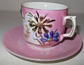 ANTIQUE LUSTRE WARE CUP AND SAUCER SET FROM GERMANY THINK OF ME IN GOLD 3