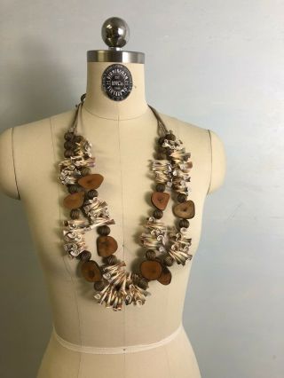 Vintage Tribal Beach Hippie Necklace Or Belt With Shells & Amber/ Horn Slices