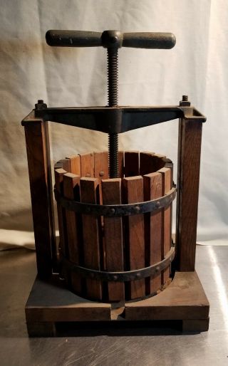 Antique Fruit Wine Cider Press Cast Iron & Oak Wood Great